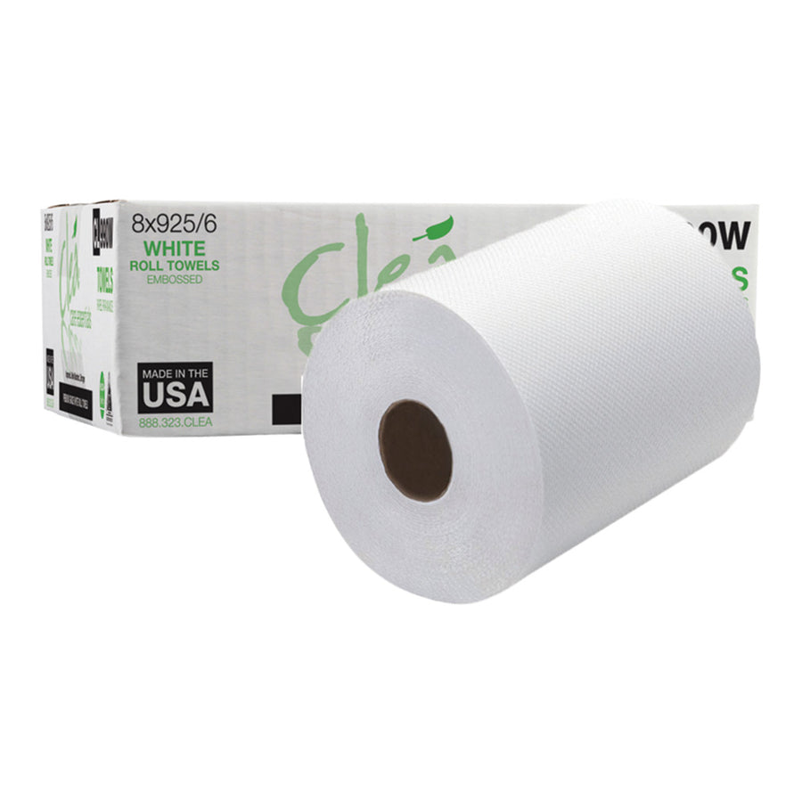 Cleá Controlled-Use Premium 100% Recycled Hand Roll Towel 925', soft and absorbent, eco-friendly, controlled-use design, 925' long, 6 rolls per case.