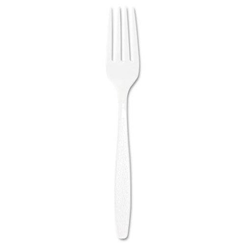 Disposable White Medium Weight Fork made of polystyrene, ideal for various occasions and bulk purchases.
