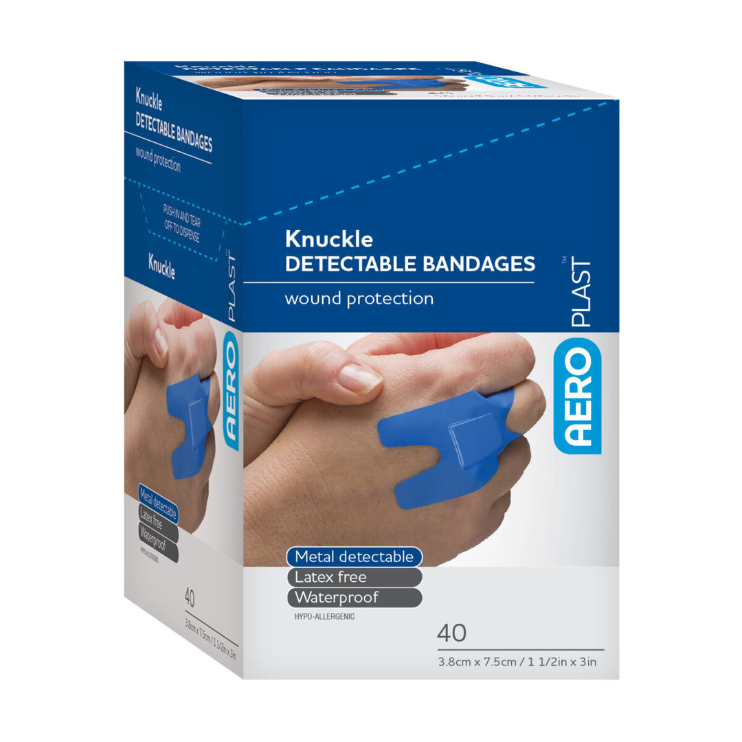 AeroPlast™ Metal Detectable Blue Bandages - Knuckle variant. Box of 40 for enhanced safety in industrial and food processing environments.