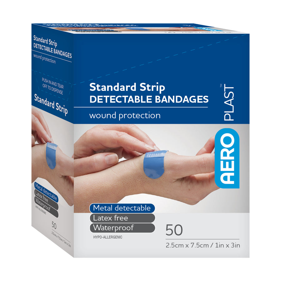  AeroPlast™ Metal Detectable Blue Bandages - Metal Detectable Band-Aid Strip variant. Box of 50 for enhanced safety in industrial and food processing environments.