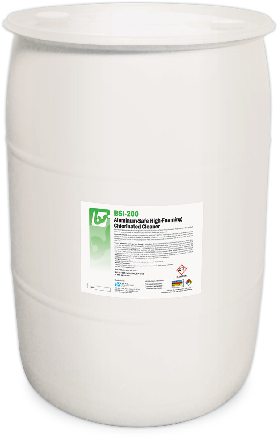 A 55 Gallon Drum of BSI-200 Aluminum-Safe High-Foaming Chlorinated Cleaner.