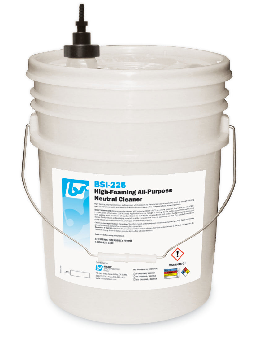 A 5 Gallon Pail of BSI-225 High-Foaming All-Purpose Neutral Cleaner.