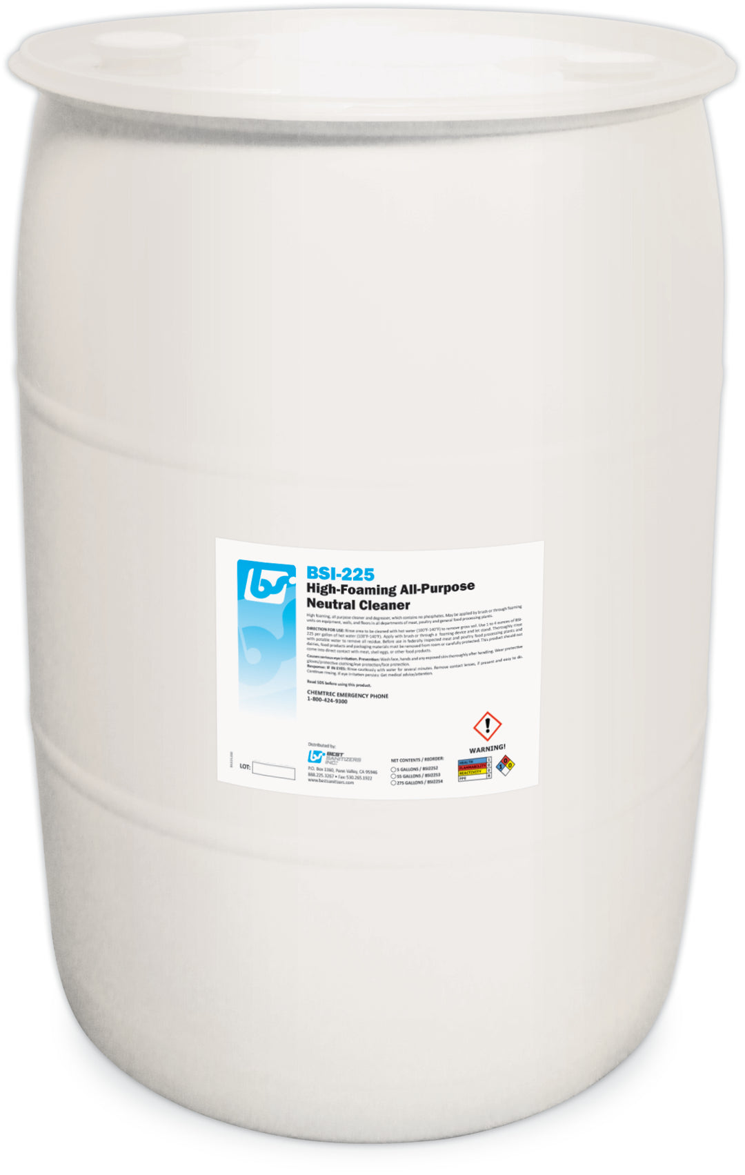 A 55 Gallon Drum of BSI-225 High-Foaming All-Purpose Neutral Cleaner.