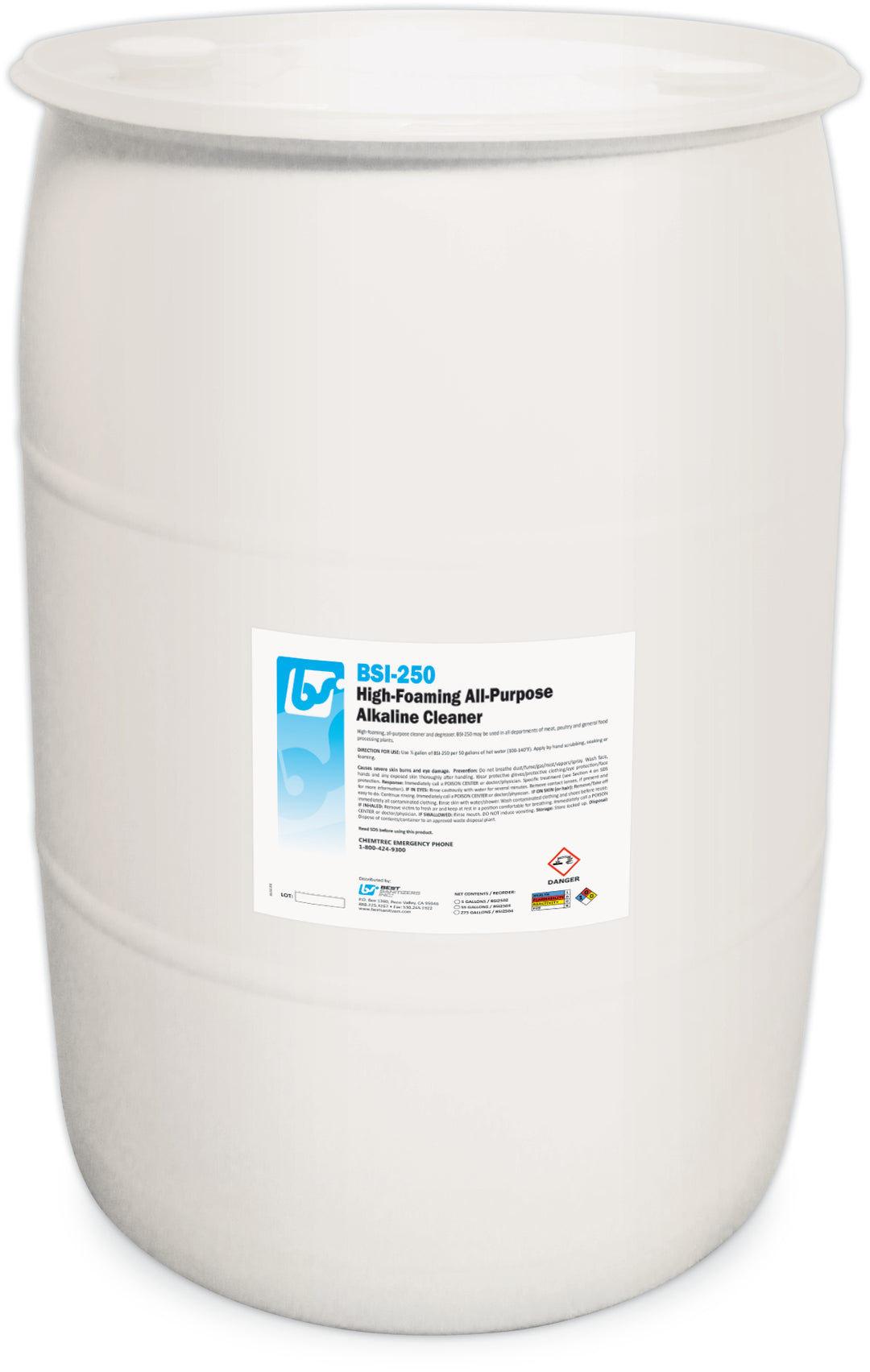 A 55 Gallon Drum of BSI-250 High-Foaming All-Purpose Alkaline Cleaner.