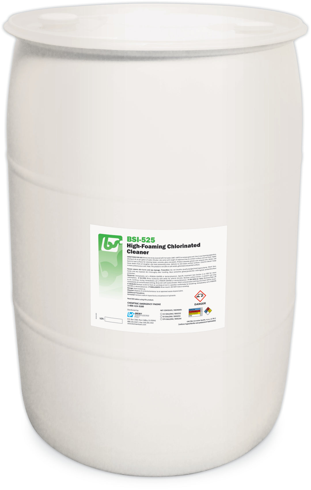 A 55 Gallon Drum of BSI-525 High-Foaming Chlorinated Cleaner.