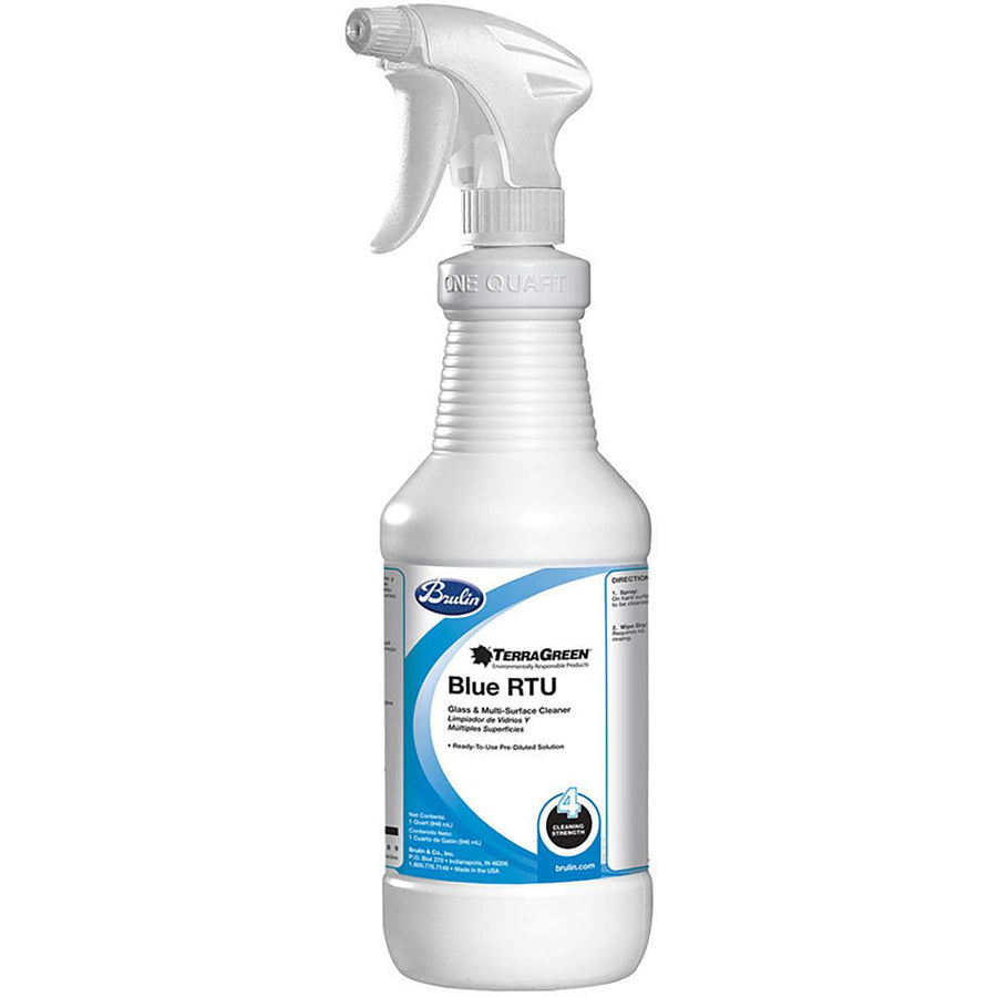 TerraGreen Blue Glass Cleaner in 32oz bottles (12/cs) for streak-free cleaning on glass, stainless steel, and hard surfaces.
