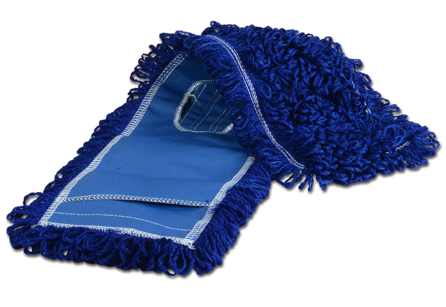 A close-up image of a blue 24"x 5" Closed Loop Dust Mop Head, showcasing its durable construction and looped fibers designed for effective dust trapping and retention.
