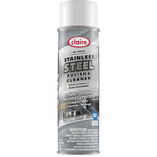 Professional-grade Stainless Steel Polish Cleaner in a 15oz aerosol can. Effectively cleans, polishes, and protects, leaving surfaces spotless and streak-free. NSF Certified.