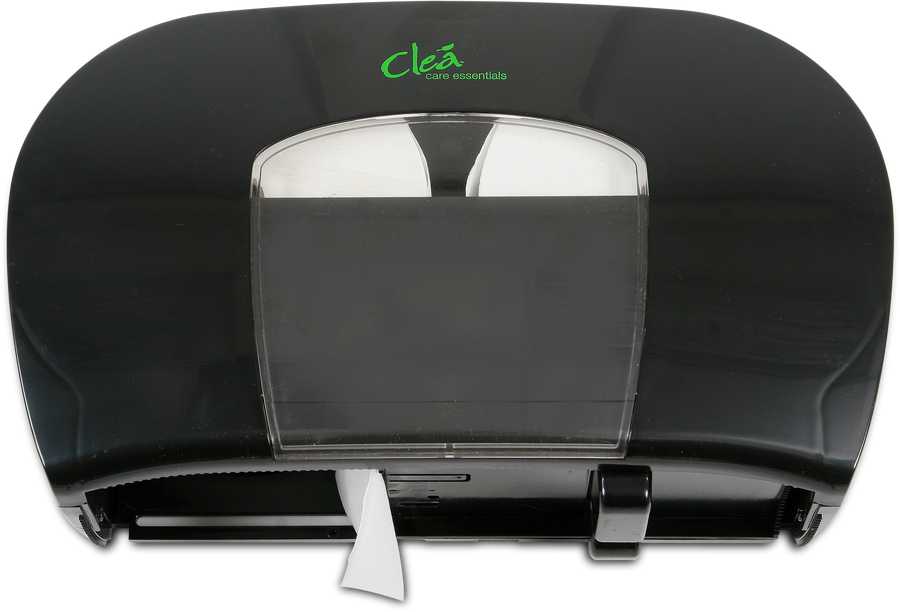 Clea Mini Dual Roll Tissue Dispenser in black, a space-saving and stylish addition to your restroom, designed for efficiency and controlled use.