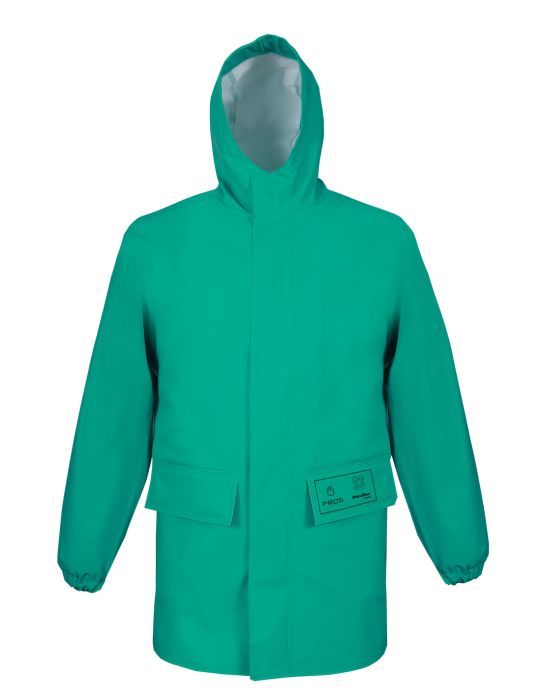 Stay protected from harsh chemicals with the Chemical Resistant Jacket in green. This jacket features a zip fastening, rubber band sleeves, and two front pockets for convenience. The hood offers additional protection against wind and rain.