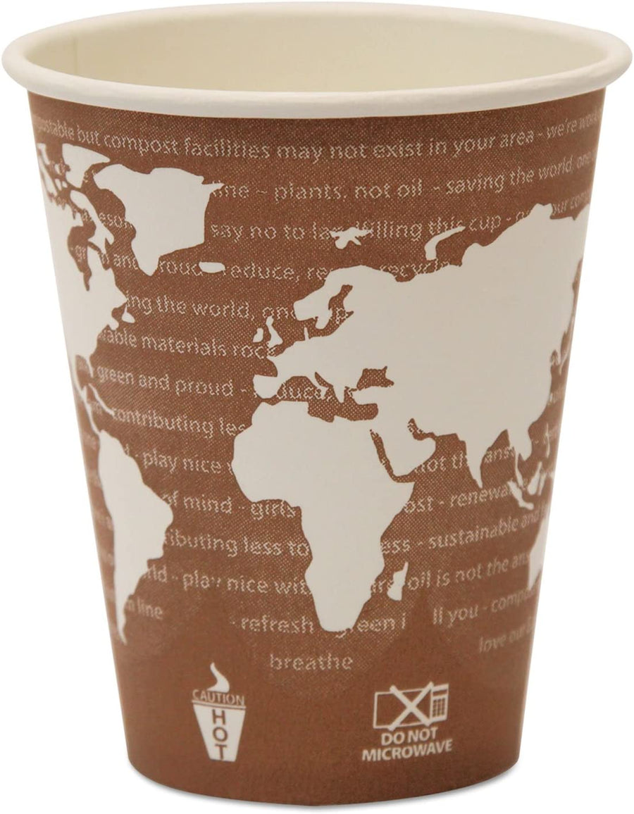 World Art Renewable Compostable Hot Cups, 8oz, 1000 per case.