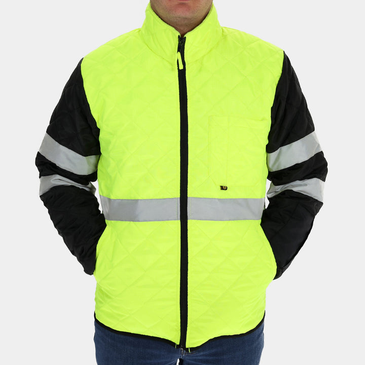 Epik Hi Vis Yellow Lime Agile Quilted ANSI Class 2 Jacket front zipped