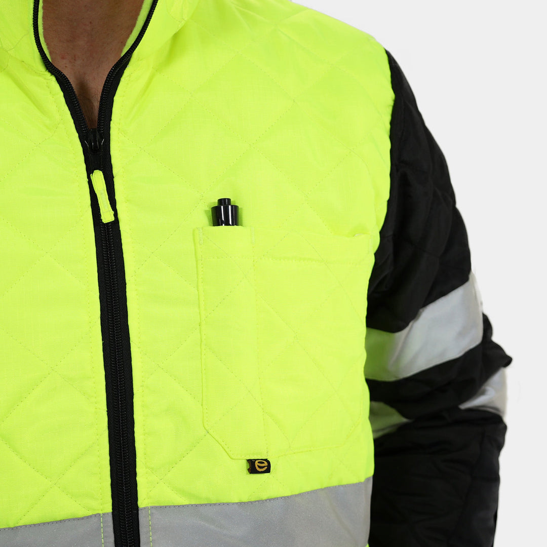 Epik Hi Vis Yellow Lime Agile Quilted ANSI Class 2 Jacket pen holder chest pocket