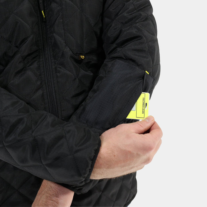 Epik Agile Quilted Jacket in Charcoal Black Badge close up