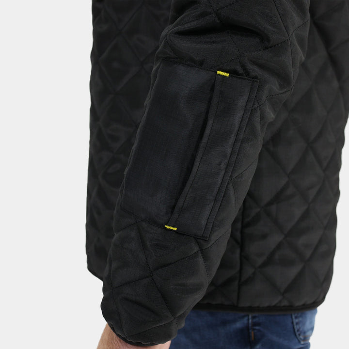 Epik Agile Quilted Jacket in Charcoal Black side arm badge pocket close up