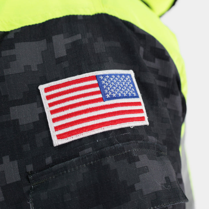 Epik Valor Pro Camo Hi Vis Yellow Freezer Jacket with American Flag Patch Close Up