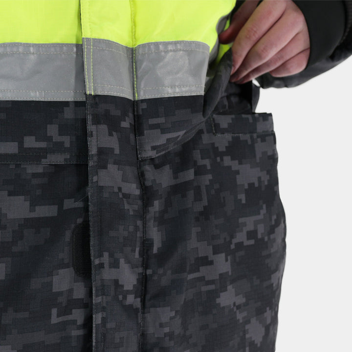 Epik Valor Pro Camo Hi Vis Yellow Freezer Jacket with American Flag Patch Camo Design Close Up