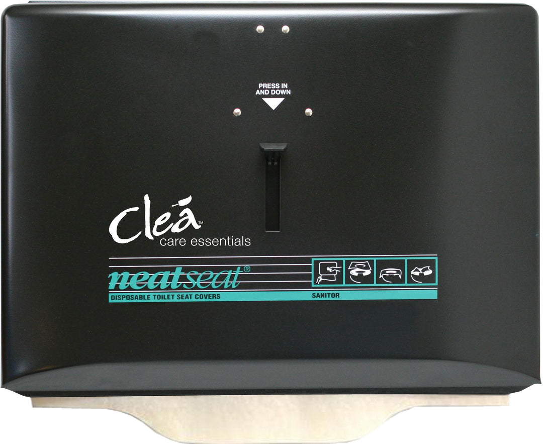 NeatSeat Black Seat Cover Dispenser with antimicrobial boot for hygienic toilet seat cover dispensing.
