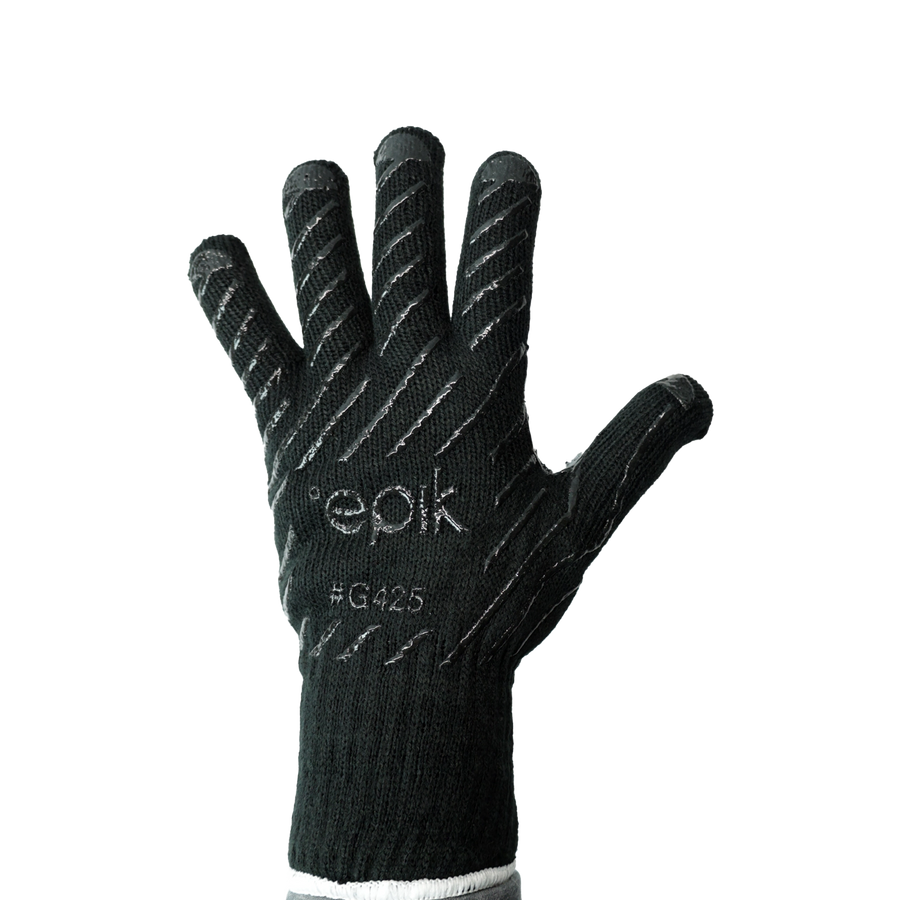 Frontline Gloves in Black with Terry-liner wrist, PVC rubber lining, and reinforced griping fingertips, available in 5 sizes.