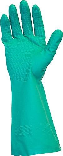Green Flock Unlined Nitrile Gloves with 11mil thickness for durable hand protection.