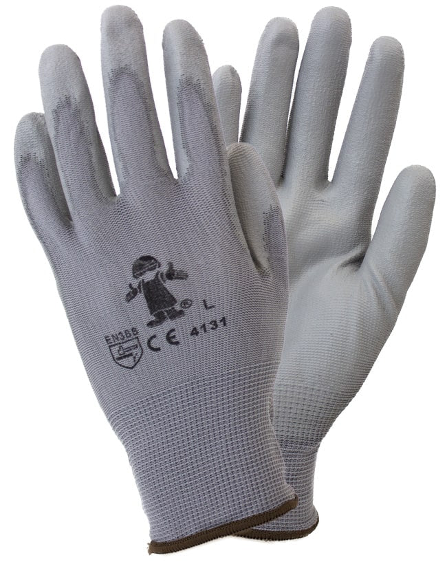 Gray Polyurethane Coated Nylon Gloves - 12 pairs for precision and protection.