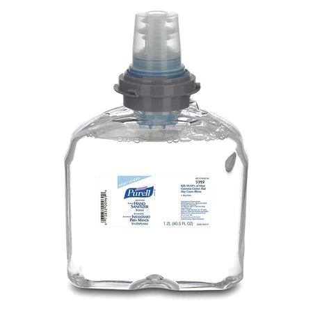 Two bottles of Purell Instant Foam Hand Sanitizer, 1200 ml each, suitable for TFX Touch-Free Dispenser. Rapid-action, moisturizing formula with 70% ethyl alcohol.