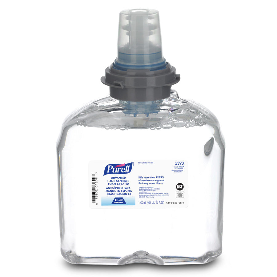 Case of two 1200 ml PURELL E3-Rated Instant Foam Hand Sanitizer bottles. Fragrance-free, suitable for food processing.