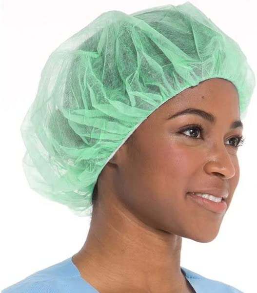 24" Green Bouffant Cap - Spunbonded polypropylene, latex-free, packed 100 caps per pack, 10 packs per case. Perfect for hair containment and hygiene in various industries.