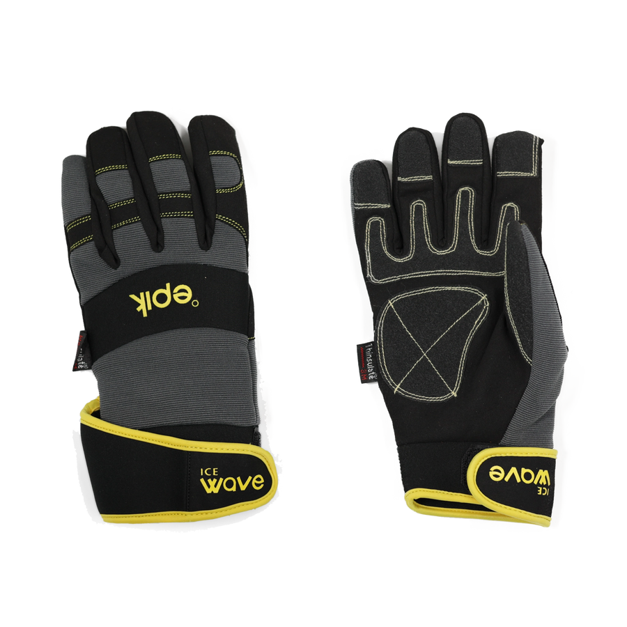 Ice Wave Gloves with reinforced wear patches, suede palm, Thinsulate insulation, and neoprene knuckle guard.