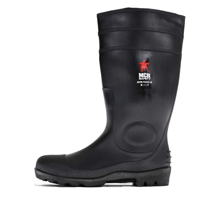 Industrial Safety Boot - Durable black PVC construction with a composite steel safety toe. Waterproof, slip-resistant, and available in sizes 6-14.