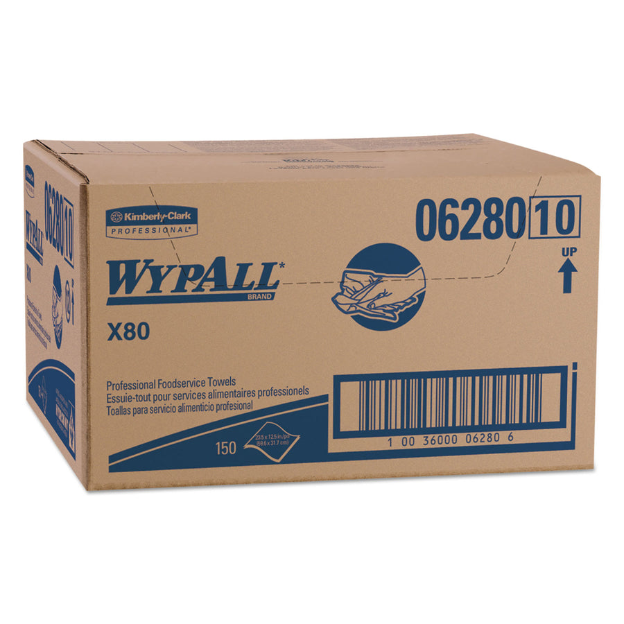 Wypall X80 Food Service Towels, 150 Disposable Dry Wipes - White with Blue Stripe, 23.5" x 12.5" - Durable and machine washable.