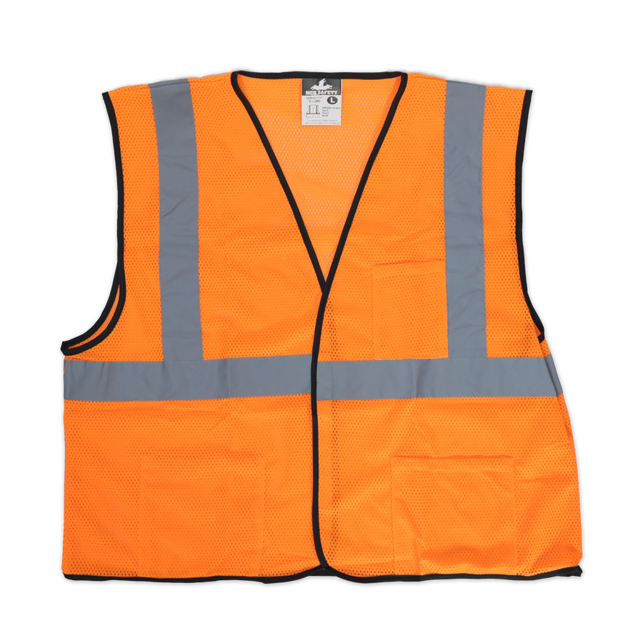 Economy Orange Safety Vest - ANSI/ISEA 107 Type R Class 2 compliant with 2-inch silver reflective stripes, black trim, mesh material, hook and loop closure, and 3 pockets.