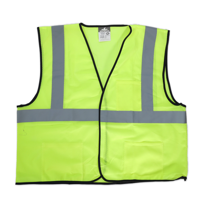 Economy Lime Safety Vest - ANSI/ISEA 107 Type R Class 2 compliant with 2-inch silver reflective stripes, black trim, mesh material, hook and loop closure, and 3 pockets.
