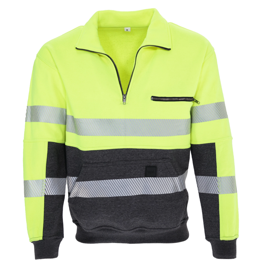 Peak 2.0 Quarter Zip Sweater in Hi-Vis Yellow with ANSI Class 2 rating and double reflective tape stripes.