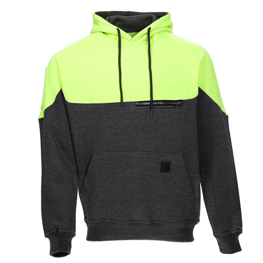 Peak Hoodie by Epik, High-Visibility Yellow. Crafted for safety and style on the job. Features adjustable hood, kangaroo pocket, and reinforced stitching. Ideal for construction, trucking, and cold storage.