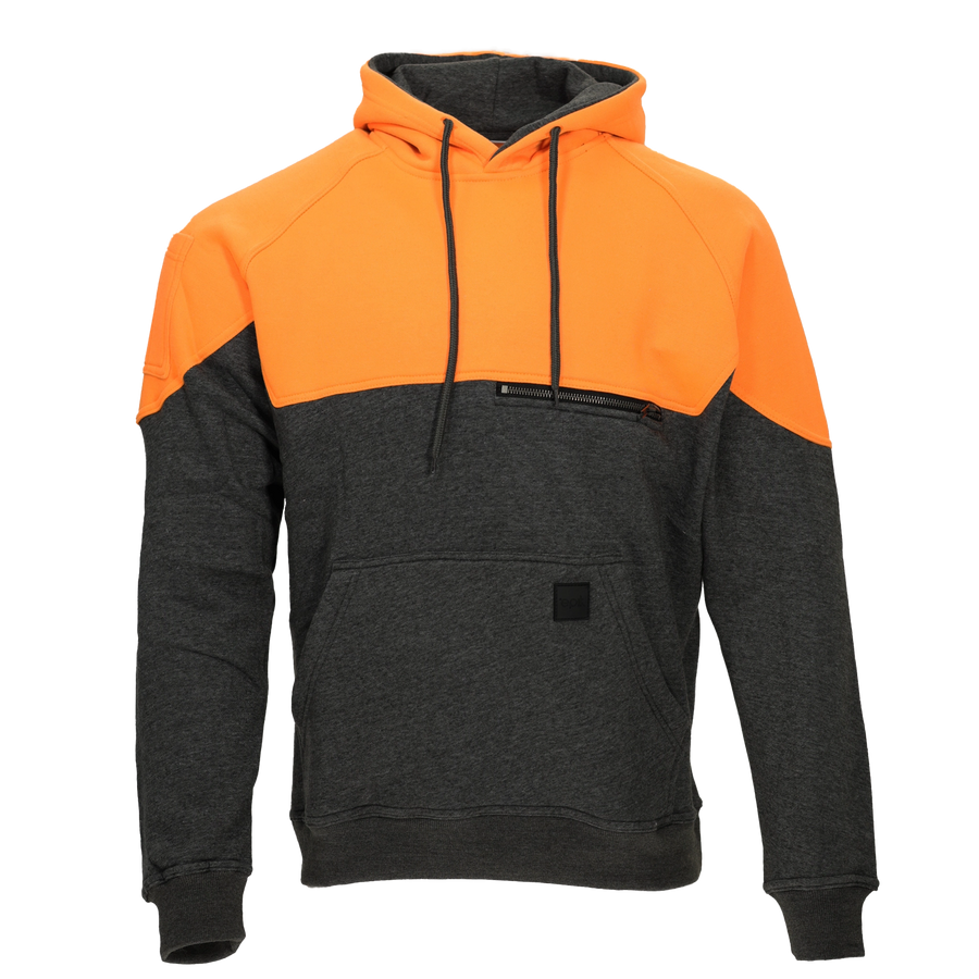 Epik Peak Hoodie in High Visibility Orange. Crafted with Thick Fleece blend fabric for comfort and durability. Features adjustable hood, kangaroo pocket, chest pocket zipper, and pen arm pocket. Suitable for construction, trucking, and cold storage.