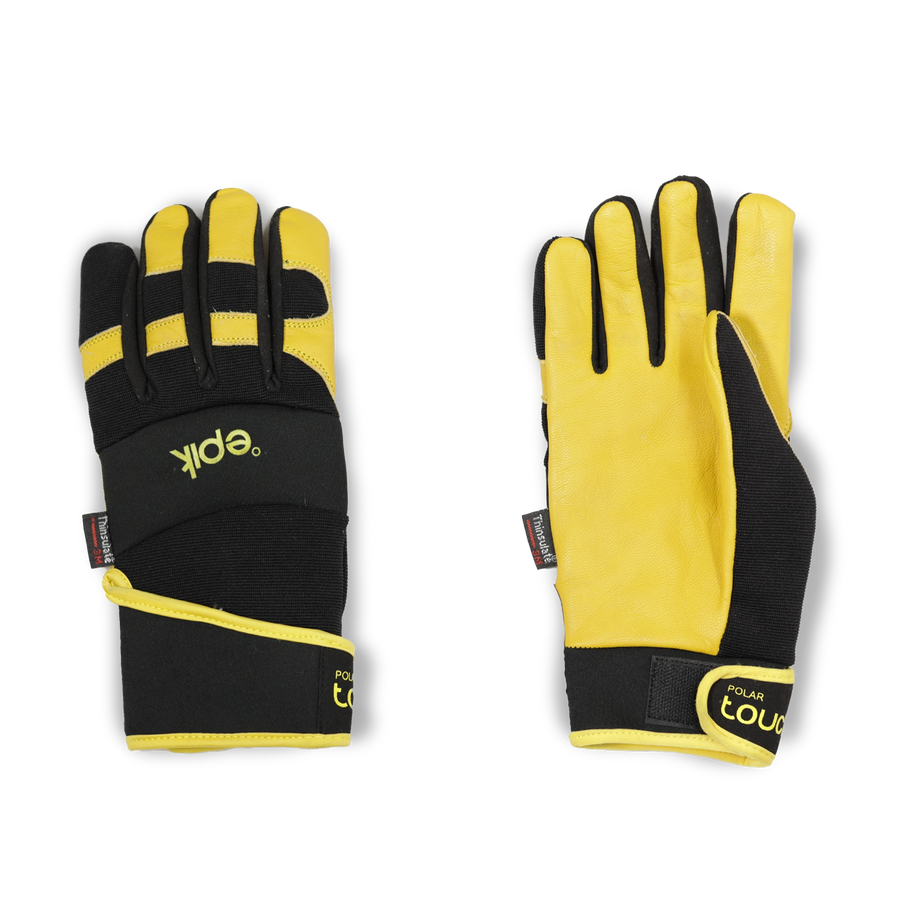 Polar Touch Glove with leather palm, neoprene knuckle pad, and wrap-around cuff.