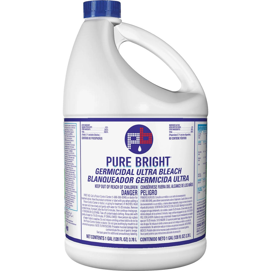 Pure Bright Liquid Bleach - Gallon size, case of 6. Fragrance-free, EPA-registered disinfectant, ideal for laundry and cleaning purposes.