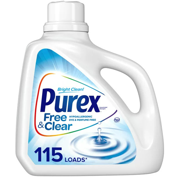 Purex Free & Clear Liquid Laundry Detergent - Unscented, hypoallergenic, and dermatologist tested. Tough on stains, gentle on your clothes and skin. Four 150oz bottles per case.