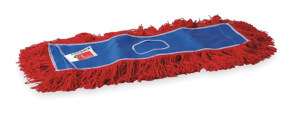 A close-up image of a red 24"x 5" Closed Loop Dust Mop Head, showcasing its durable construction and looped fibers designed for effective dust trapping and retention.