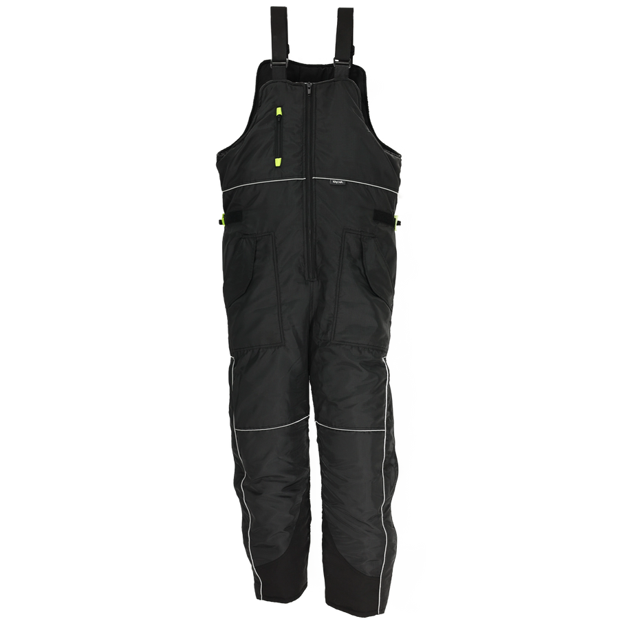 Reflex Bib Overalls - Black insulated overalls with reflective piping and zipper-protected pockets.