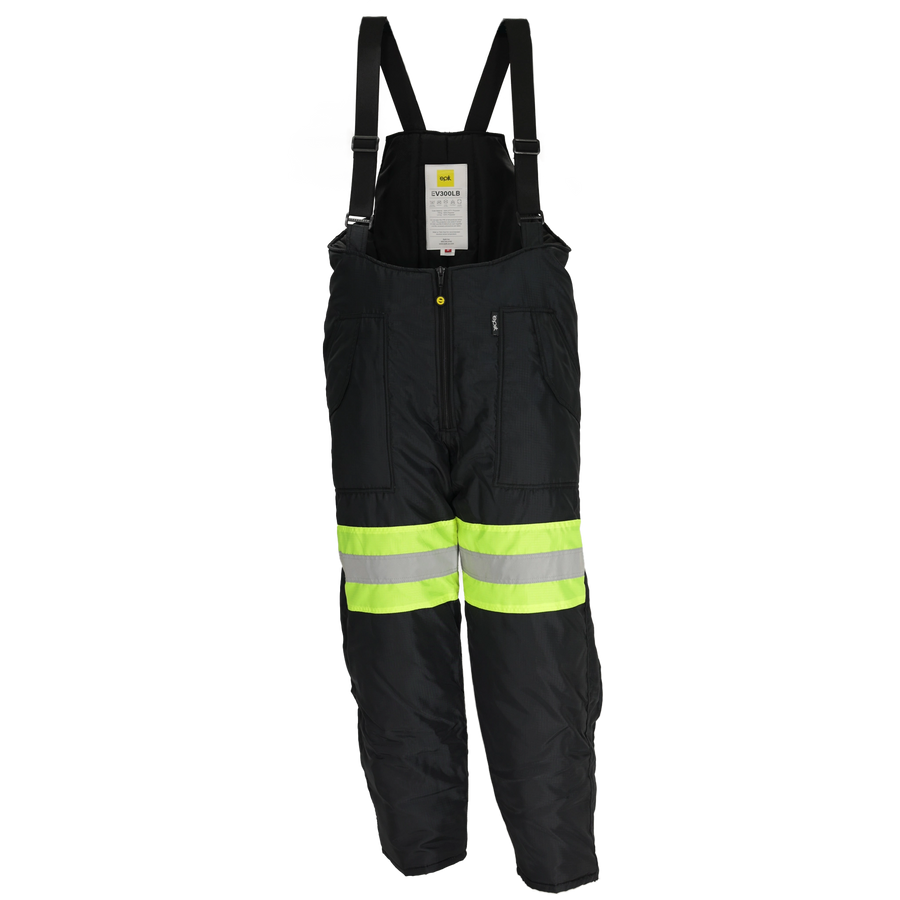 Reflex Pro Low Bib Overalls - Hi-Vis Yellow freezer bib with reflective knee band and double pockets. Featuring a low cut at the waist,adding flexibility and movement, allowing for easy layering with top outerwear.