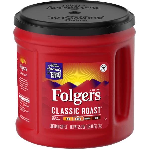 Folgers 100% Mountain Grown Ground Coffee, 33.9oz Can, Case of 6. A rich and aromatic coffee blend with a smooth and consistent flavor profile.