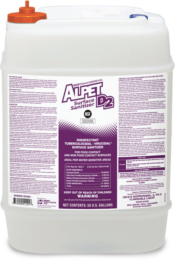 Alpet D2 Surface Sanitizer - Trusted Formula - 60-Second Kill Time - 5-Gallon Pail (WITH insert, dip tube and shipping cap)