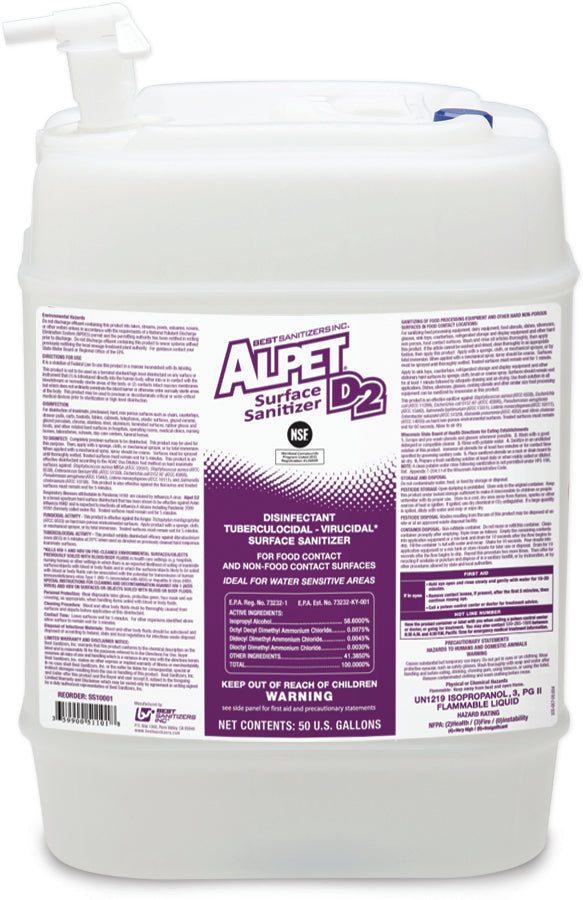 Alpet D2 Surface Sanitizer - Trusted Formula - 60-Second Kill Time - 5-Gallon Pail (WITHOUT insert, dip tube and shipping cap)