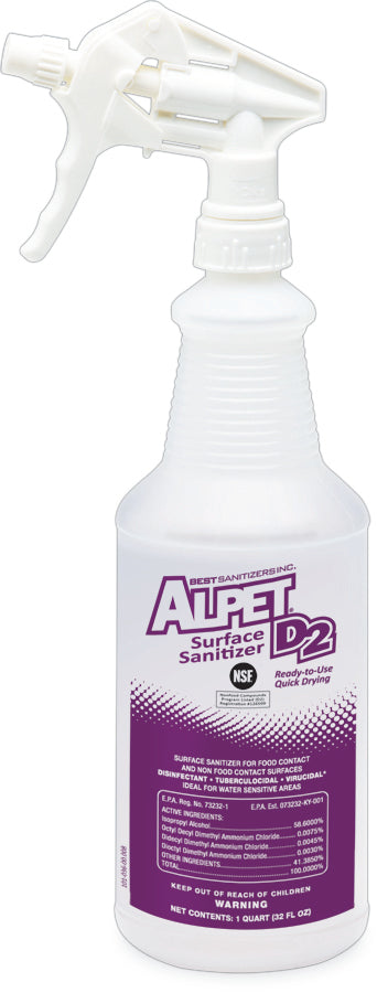 Alpet D2 Surface Sanitizer - Trusted Formula - 60-Second Kill Time - one quart bottle with trigger sprayer