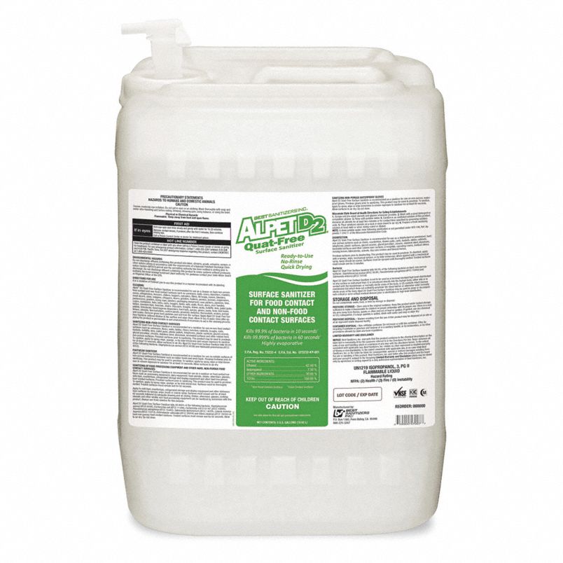 Alpet D2 Quat-Free Surface Sanitizer - Fast-Acting - 70% Alcohol Formula - NSF Listed - 5-gallon