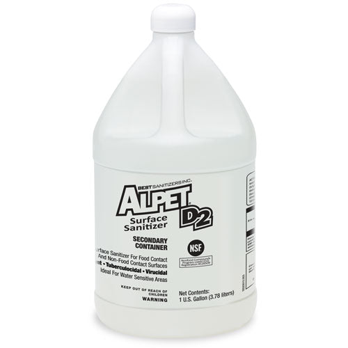 An empty but labeled Alpet D2 One Gallon Secondary Container for convenient storage and distribution.