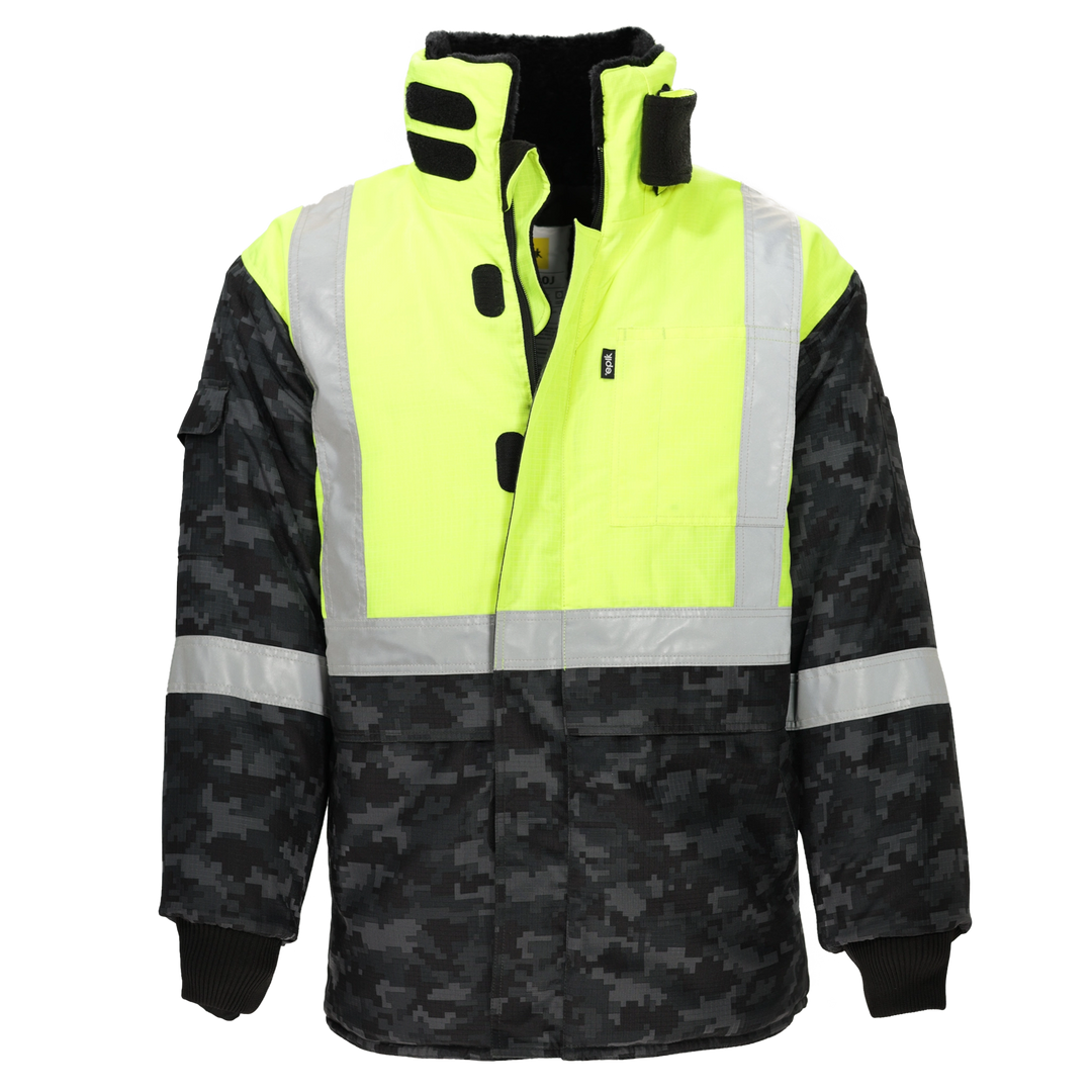 Valor Pro Jacket - Camo-style hi-vis freezer jacket with American flag patch and reflective tape.With 300 GSM (grams per square meter) of insulation, this jacket provides exceptional warmth and comfort, making it ideal for cold storage facilities and outdoor work settings.