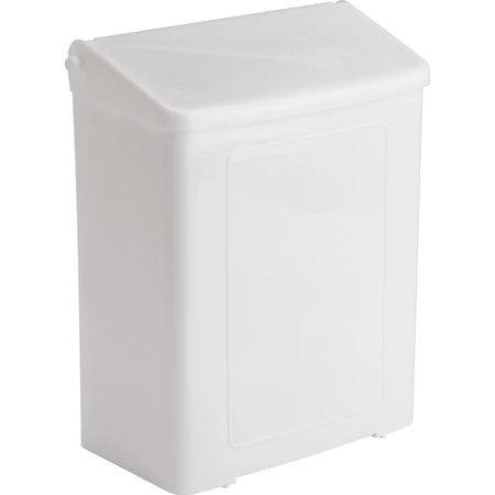 Surface Mounted Safe-Use Napkin Dispenser in white – discreet and durable solution for feminine hygiene needs. Clamshell lid design for added security.